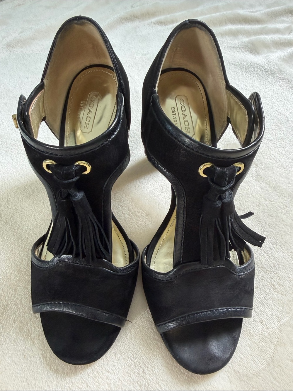 Coach Tristen Tassel Cutout Block Heel Sandals Black Suede Size 8 Leather Sole